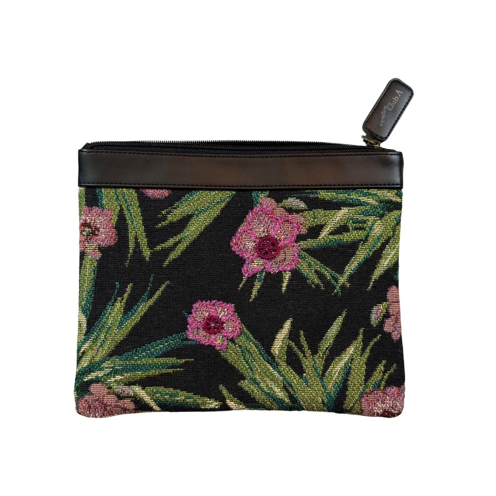 Signature Club A Floral Pouch Womens Medium Black Pink Tapestry Zippered‎ Clutch